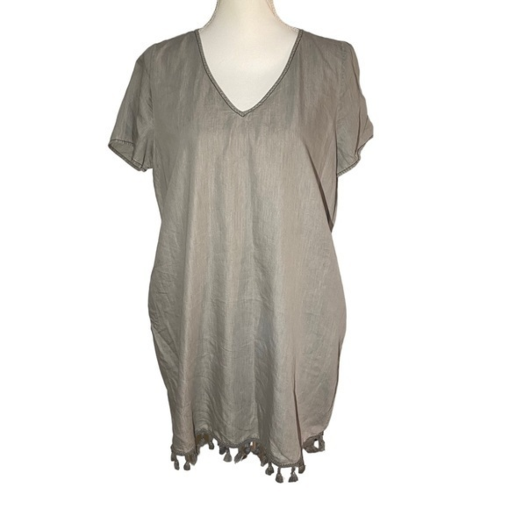 1250C Womens Medium Tassel Short Sleeve Shift Dress Grey V Neck Mini‎ Dress